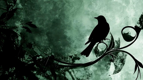 Bird on Branch - Abstract Green Art