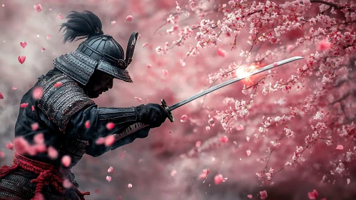 Warrior with Sword in Sakura Garden