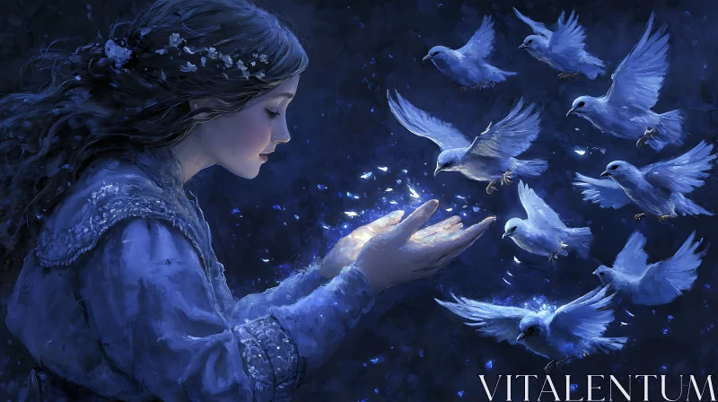 AI ART Mystical Woman and Flying Doves