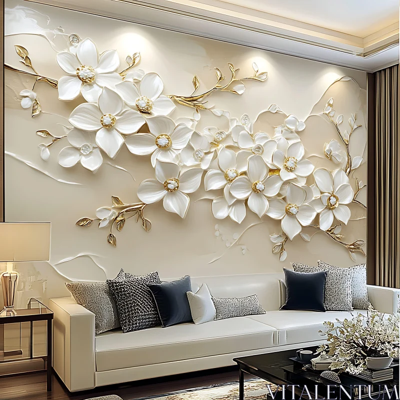 AI ART White Floral Relief in Modern Interior