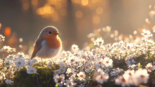 Serene Sunset with Bird and Flowers