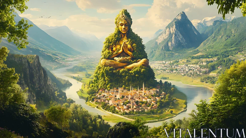 AI ART Tranquil Mountain Valley with Monumental Statue