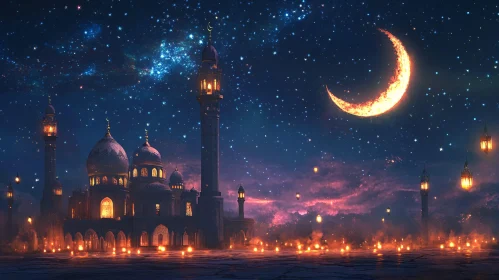 Mosque at Night with Crescent Moon