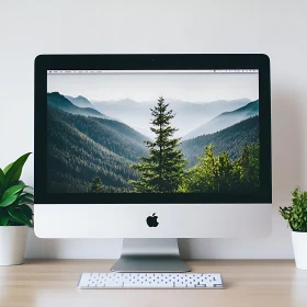 Serene Forest on Computer Screen with Desk and Plants