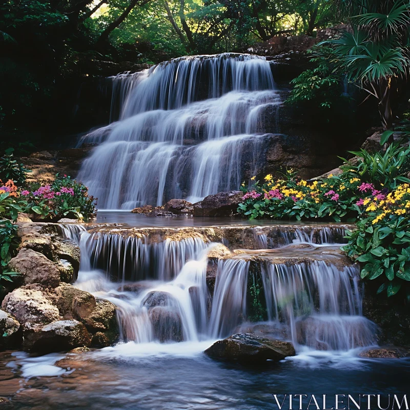 Waterfall with Lush Greenery and Floral Adornments AI Image