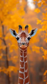 Giraffe Stands in Autumn Leaves