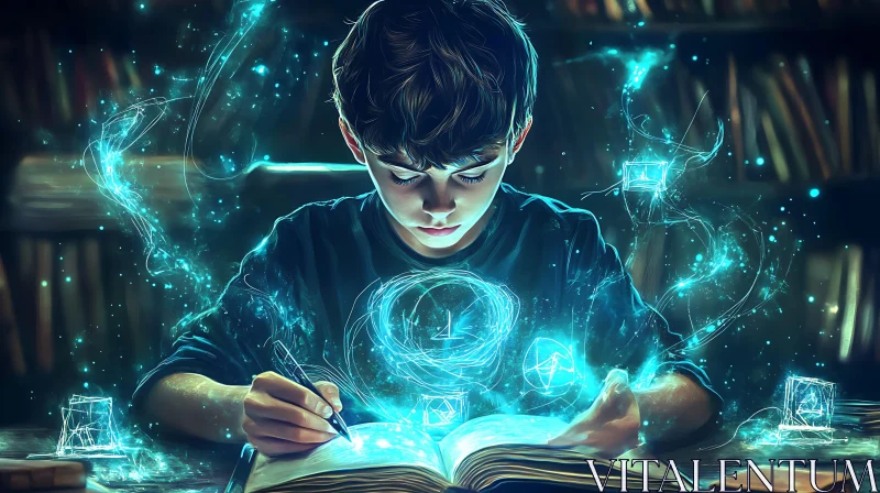 AI ART Magical Boy Reading Book