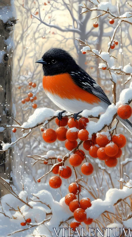 Vivid Bird Perched in a Winter Wonderland AI Image