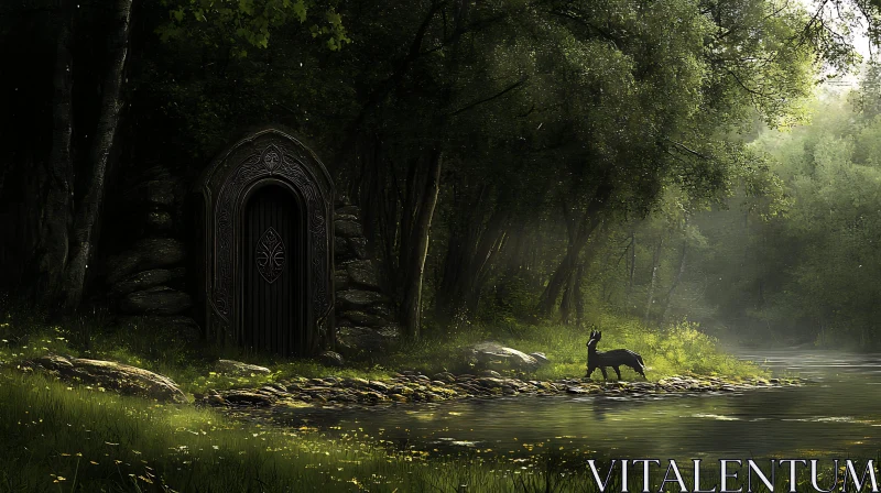 Mystical Forest Scene with Ornate Door AI Image