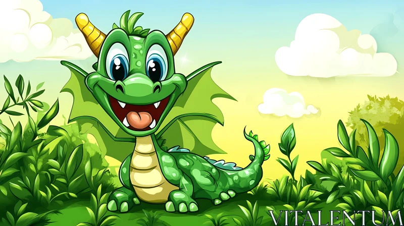 Smiling Green Dragon in a Cartoon Landscape AI Image