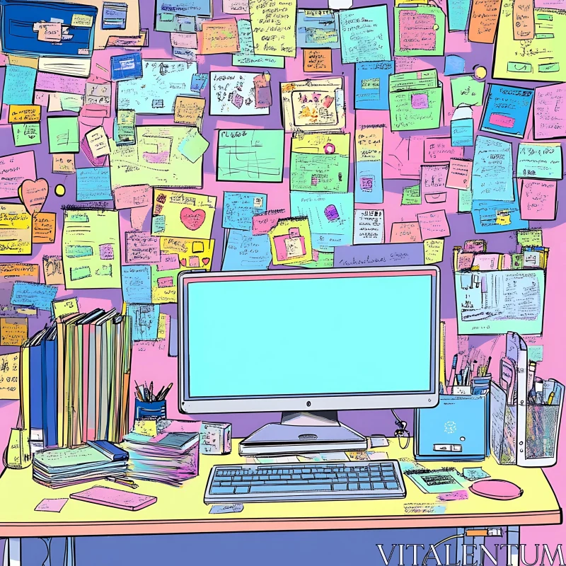 AI ART Vibrant Office Desk with Sticky Notes