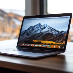 Laptop on a Desk with Mountain Background