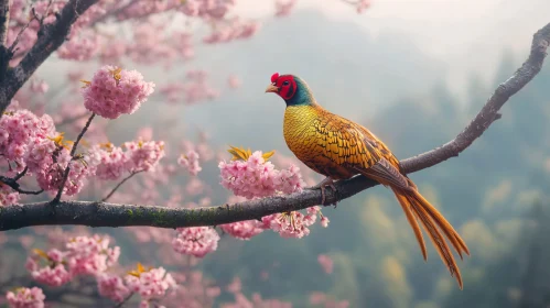 Golden Pheasant on Flowering Branch