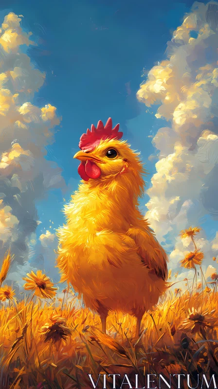 Golden Chicken Amidst a Field of Flowers AI Image