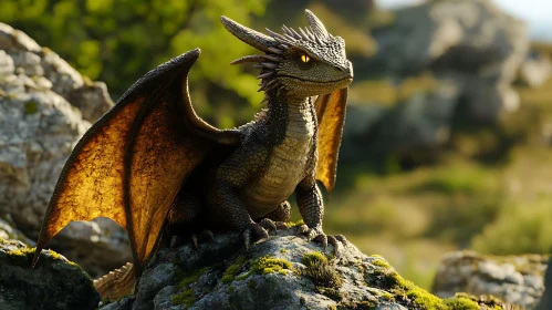 Mythical Dragon on Mossy Rock