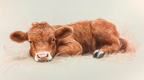Gentle Calf Lying on Hay