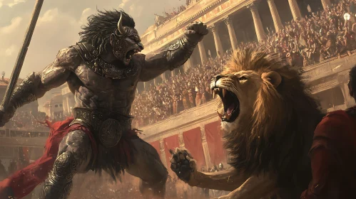 Ancient Arena: Gladiator and Lion Battle