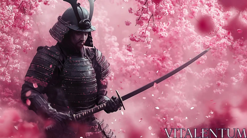 AI ART Warrior with Katana in Pink Blossom