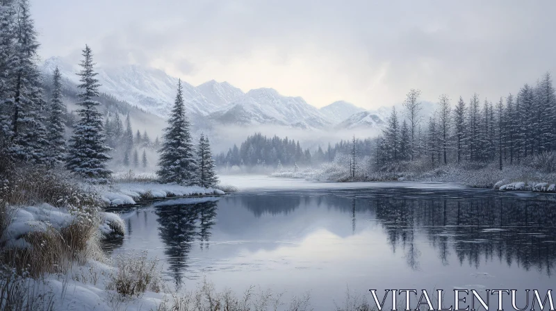 Peaceful Winter Wonderland with Misty Mountains AI Image