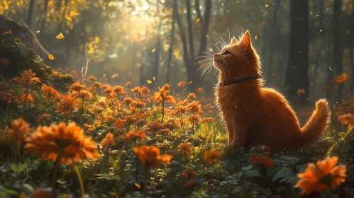 Ginger Cat in Sunlit Forest
