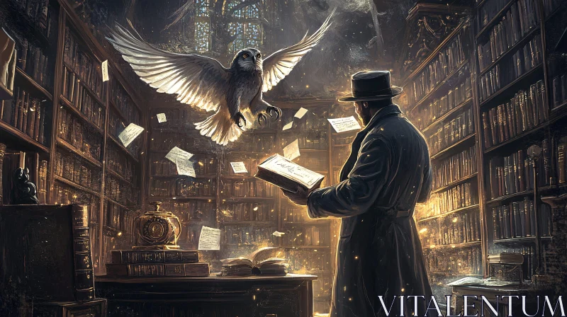 Mystical Library Scene with Owl and Reader AI Image