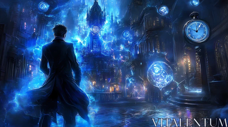 AI ART Magical Cityscape with Man and Clock