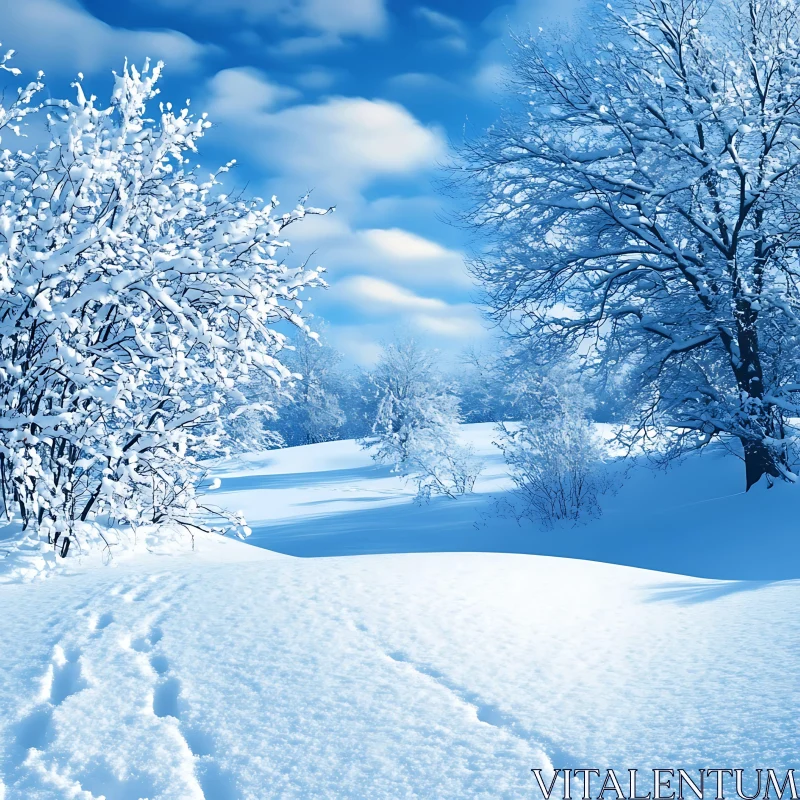 AI ART Serene Snowy Scene with Trees and Cloudy Sky