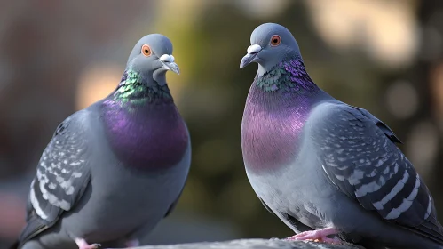 Two Pigeons with iridescent plumage