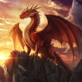 Crimson Dragon Perched on Rocks