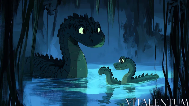 AI ART Cartoon Crocodiles in Water Illustration