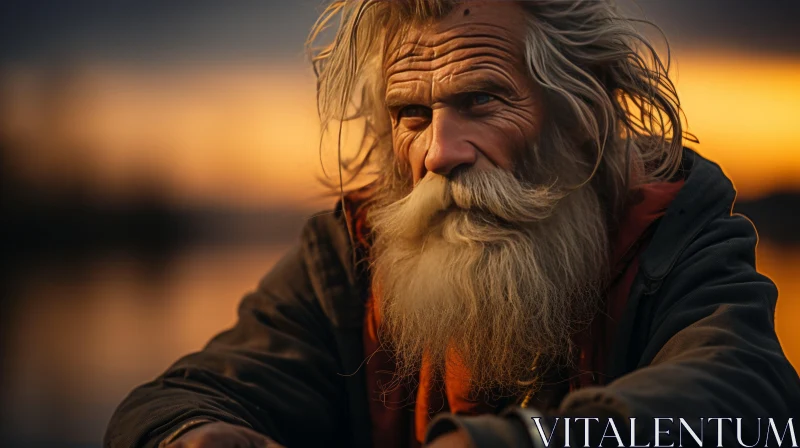 Captivating Portrait: An Old Man with a Majestic Beard at Sunset AI Image
