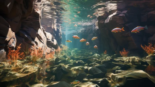 Captivating Underwater Water Cave Render with Vivid Birdlife