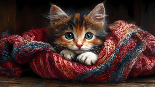 Cozy Kitten Wrapped in Knitted Blanket