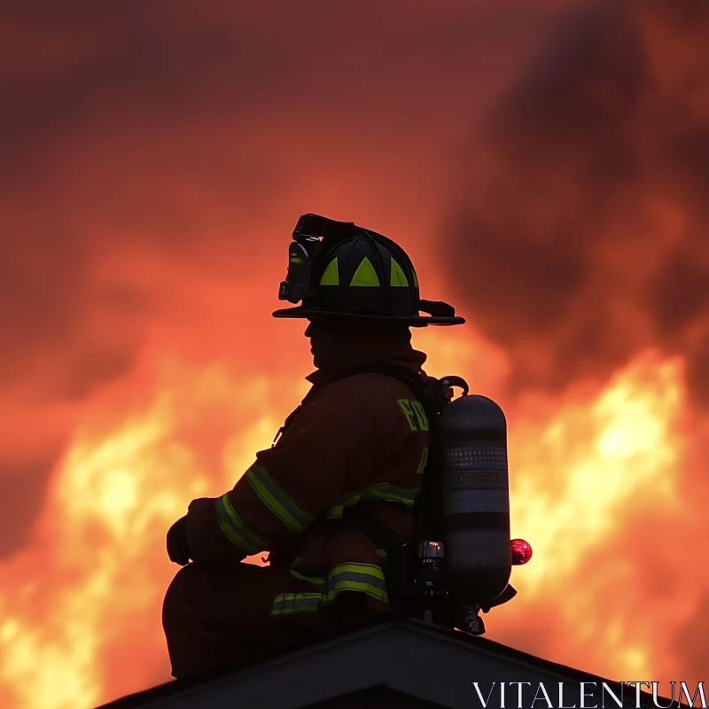 Firefighter Silhouette Backdropping Blazing Flames AI Image