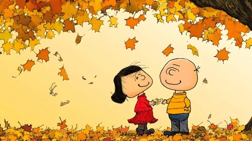 Cartoon Friends in Autumn Leaves