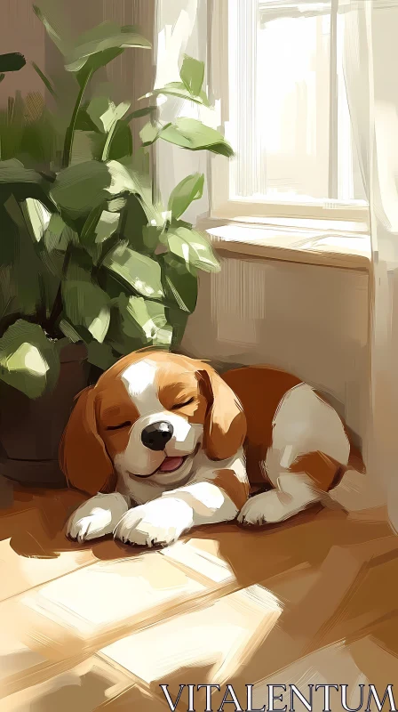 Peaceful Puppy by the Window AI Image