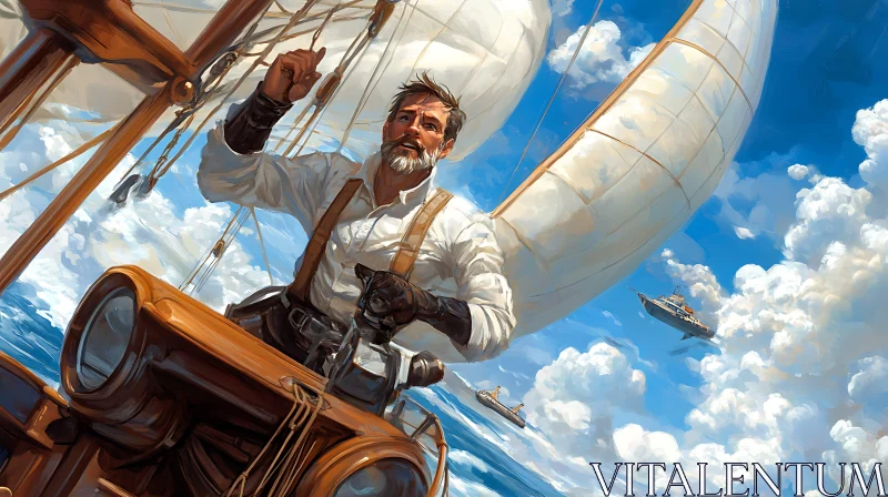 Man Piloting Airship in Cloudy Sky AI Image