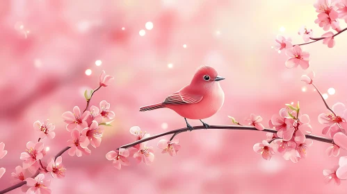 Pink Bird on Cherry Branch