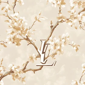 Delicate White Blossoms and Logo on Beige