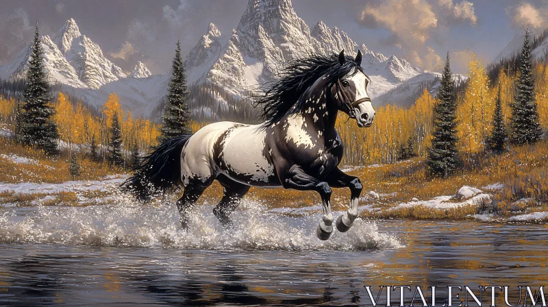 Horse Running in Autumn Mountain Landscape AI Image