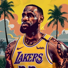 LeBron James Basketball Portrait in Tropical Setting