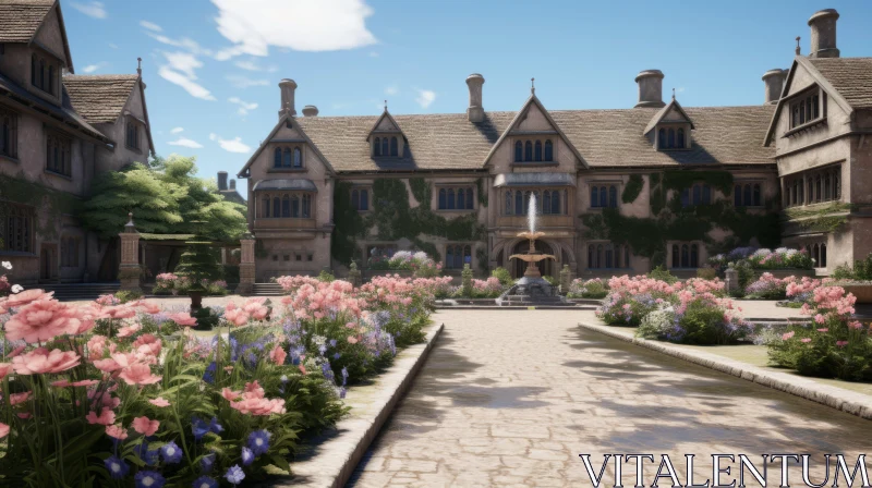 Gothic Stone House in a Flower-filled Courtyard AI Image