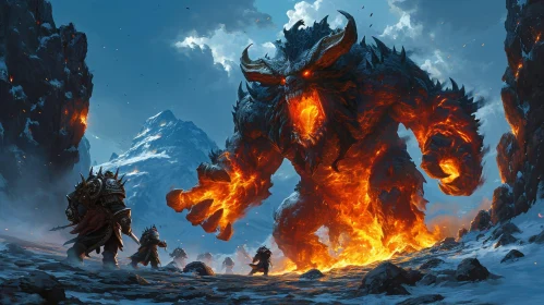 Intense Battle: Warriors vs Fire Demon in Snowy Mountain Pass