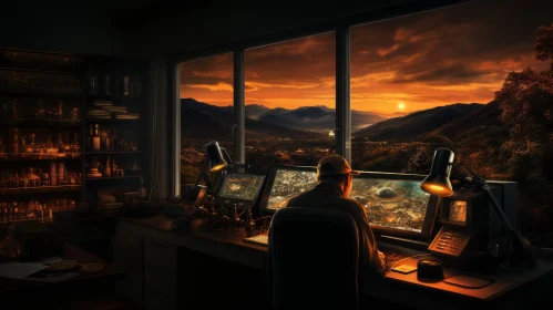 Mesmerizing Sunset: A Man at His Computer Desk | Photo-Realistic Landscapes