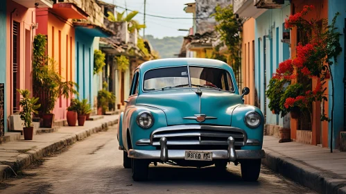 Vintage Blue Car on a Colorful Street - A Nostalgic Journey Back in Time