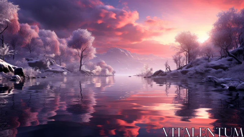 Winter Sunrise: A Surreal 3D Landscape in Light Violet and Crimson AI Image