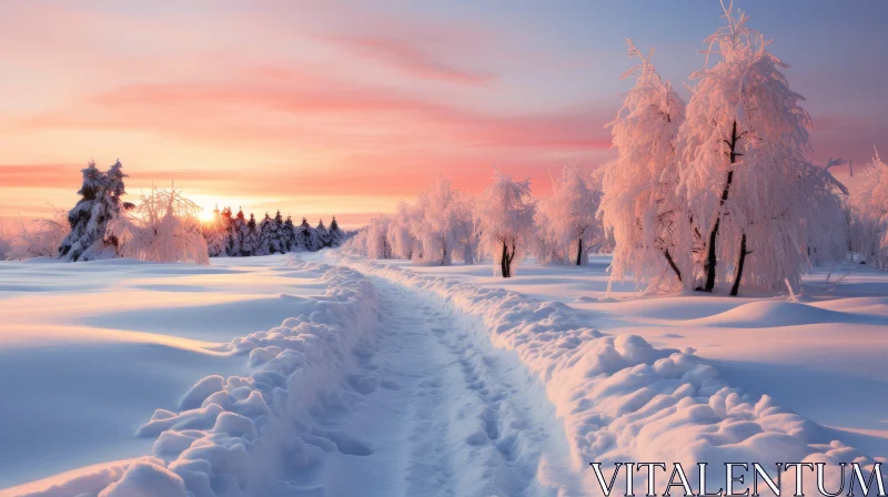 Winter Wonderland: Snowy Trail at Sunset AI Image