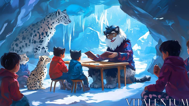 AI ART Children Learning with the Snow Leopard