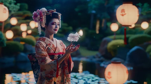 Japanese Beauty with Flowers and Lanterns