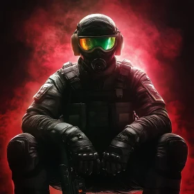 Soldier in Tactical Gear with Red Smoke